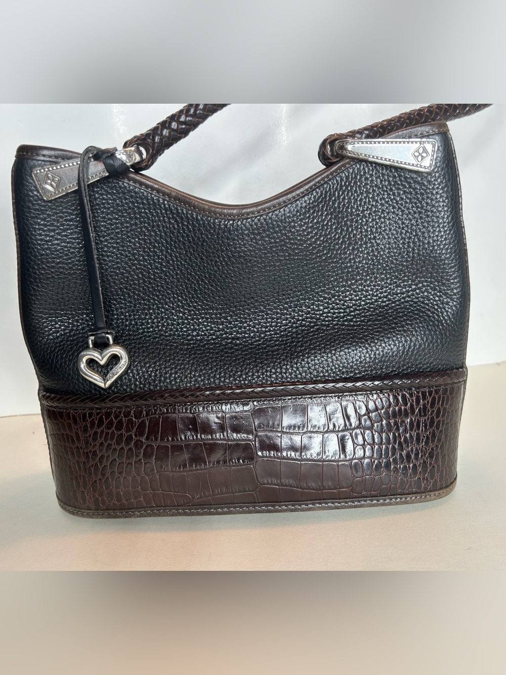 Brighton Gina Black and Brown Two-Tone Leather Hobo Shoulder Bag - Picture 4 of 14